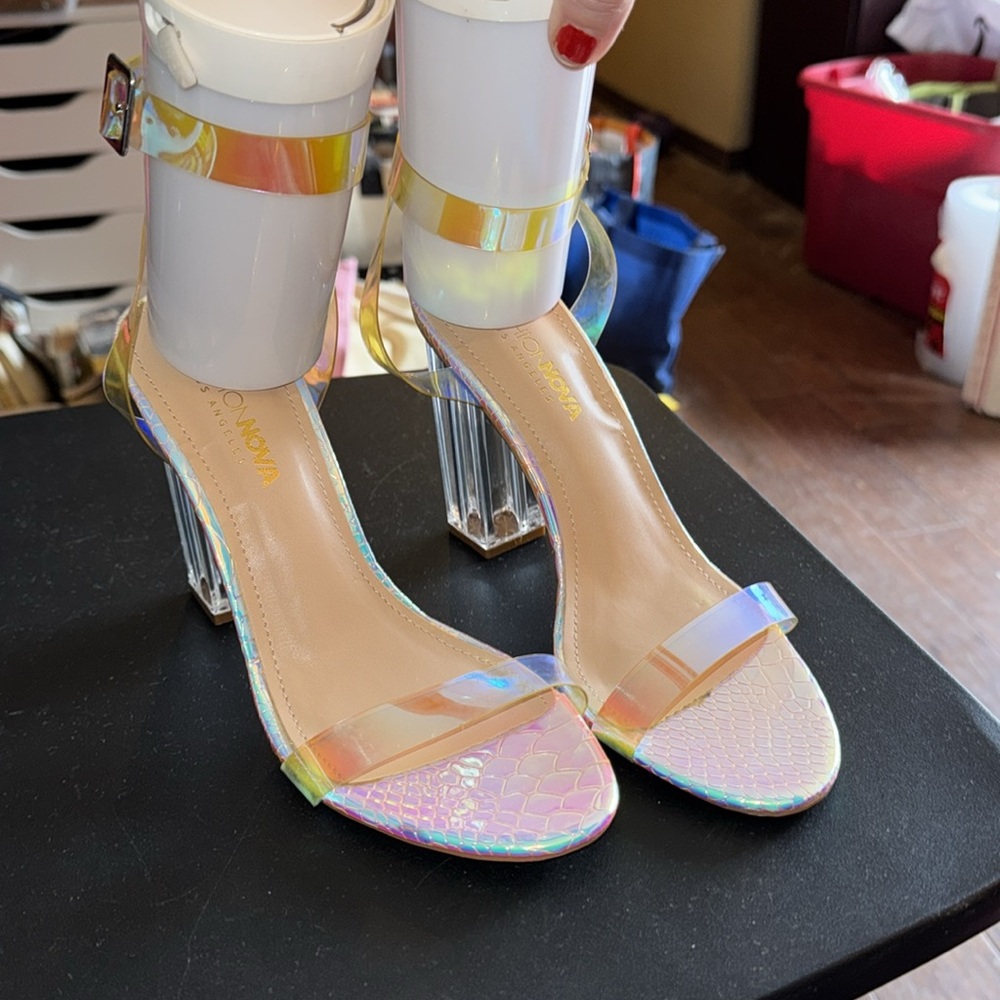 Fashion Nova Holographic Clear Heel Sandals, Sz. 8.5M